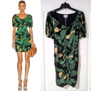 Ganni | Banana Print Ruched Jersey Mini Dress